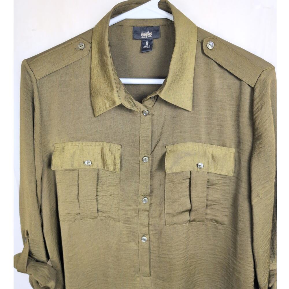 Mossimo green satin button up shirt Size Sm Utility Safari Glam Y2K Retro - Picture 4 of 6